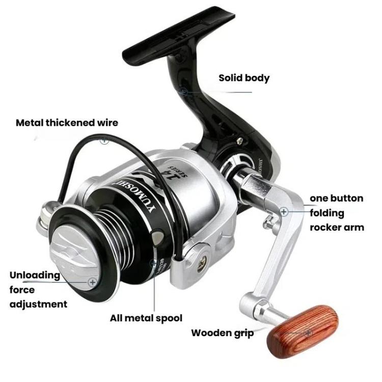 YUMOSHI Metal Spool Spinning Fishing Reel with 5.2:1 Gear Ratio, Foldable Handle & Wooden Grip, YUMOSHI  OE2000, YUMOSHI  OE3000, YUMOSHI OE4000, YUMOSHI OE5000, YUMOSHI OE6000, YUMOSHI OE7000