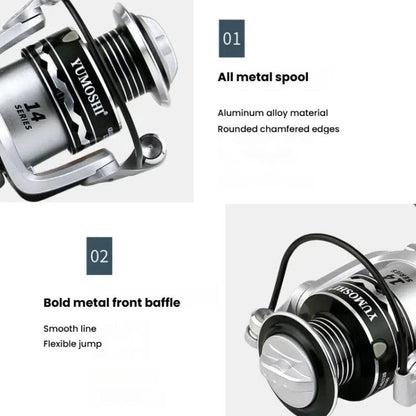 YUMOSHI Metal Spool Spinning Fishing Reel with 5.2:1 Gear Ratio, Foldable Handle & Wooden Grip, YUMOSHI  OE2000, YUMOSHI  OE3000, YUMOSHI OE4000, YUMOSHI OE5000, YUMOSHI OE6000, YUMOSHI OE7000