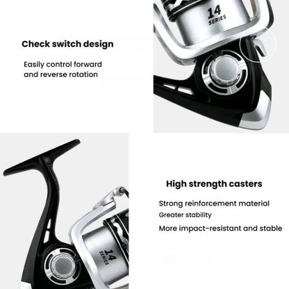 YUMOSHI Metal Spool Spinning Fishing Reel with 5.2:1 Gear Ratio, Foldable Handle & Wooden Grip, YUMOSHI  OE2000, YUMOSHI  OE3000, YUMOSHI OE4000, YUMOSHI OE5000, YUMOSHI OE6000, YUMOSHI OE7000
