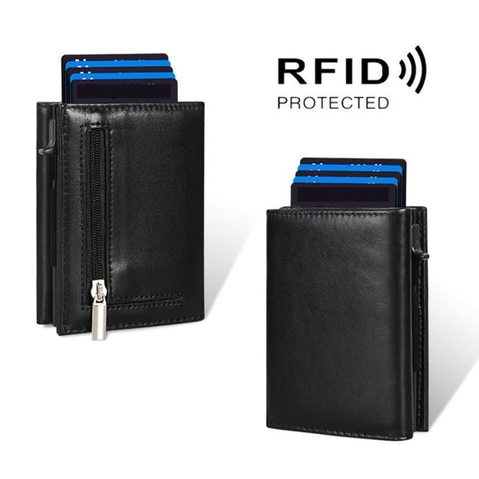 Porte-cartes en cuir véritable et aluminium avec blocage RFID, pochette zippée pour pièces de monnaie