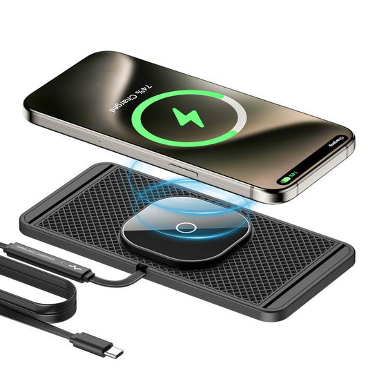 وسادة مغناطيسية للسيارة مزودة بخاصية منع انزلاق الكاميرا والشحن اللاسلكي، ومزودة بكابل USB بطول 1 متر، وكابل TYPE-C بطول 1 متر، وكابل USB بطول 0.3 متر، وكابل TYPE-C بطول 0.3 متر.