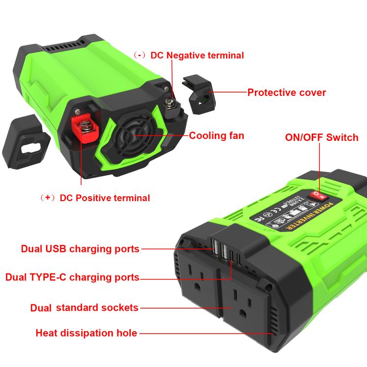 Gurxun 200W Modified Wave Inverter With 18W Solar Panel + 30A Controller Dual Socket + 2 USB + 2 Type-C Ports, Universal Socket 12V To 220V, Universal Socket 12V To 110V, EU Plug 12V To 220V, US Plug 12V To 110V, Brazil Plug 12V To 220V����������������...