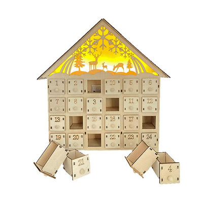 Wooden Christmas Decoration LED Lights 24-Day Countdown Calendar Ornament Gift Box, Deer, Jesus