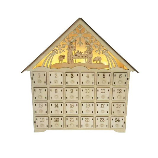 Décoration de Noël en Bois Lumières LED Calendrier de l'Avent 24 Jours Boîte Cadeau Ornement, Cerf, Jésus