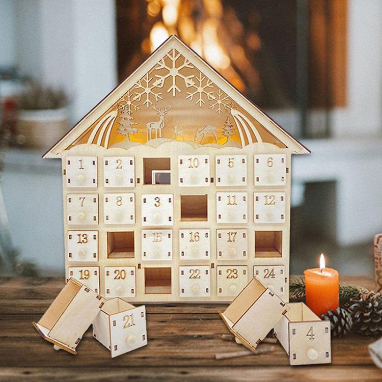 Wooden Christmas Decoration LED Lights 24-Day Countdown Calendar Ornament Gift Box, Deer, Jesus