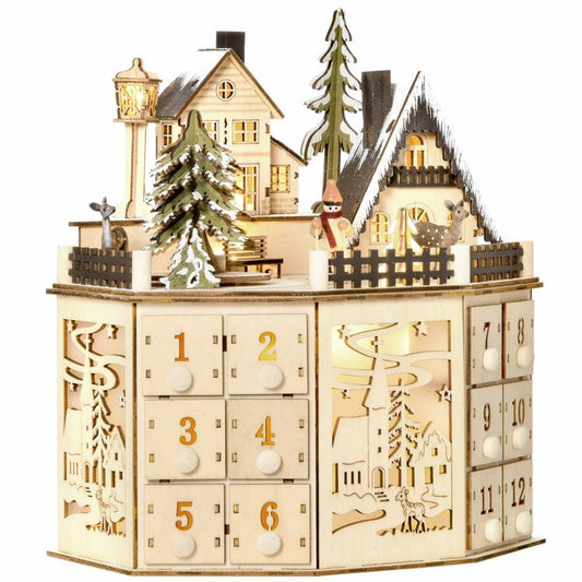Calendrier de l'Avent musical lumineux en bois Scène de village de Noël 24 jours