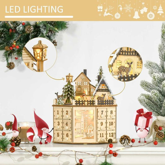 Calendrier de l'Avent musical lumineux en bois Scène de village de Noël 24 jours