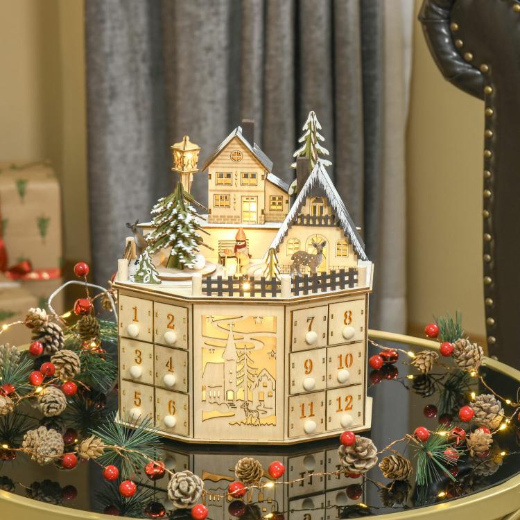 Wooden Village Scene 24 Days Countdown Christmas Music Calendar With Lights