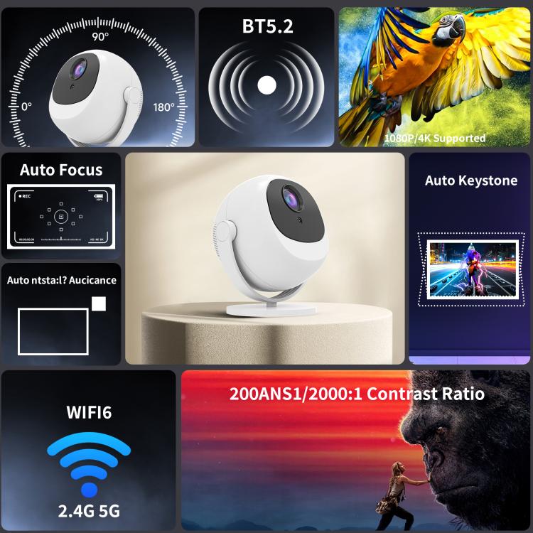 5G Dual-Band 4K High-Definition Intelligent Ball Android Projector, US Plug, EU Plug, UK Plug, AU Plug