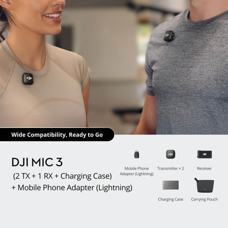 Original DJI Mic 3 (2 TX + 1 RX + Charging Case) + Mobile Phone Adapter (8 Pin)