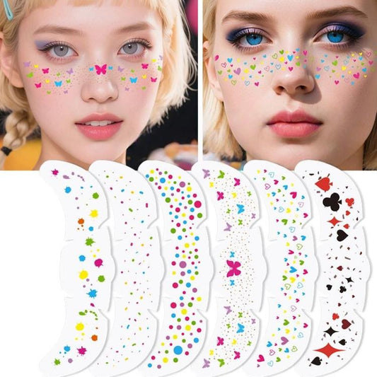 6-in-1 Rainbow Glitter Freckle Face Stickers Kit Multi-Design Temporary Tattoos for Parties, Festive Makeup, Rainbow Glitter
