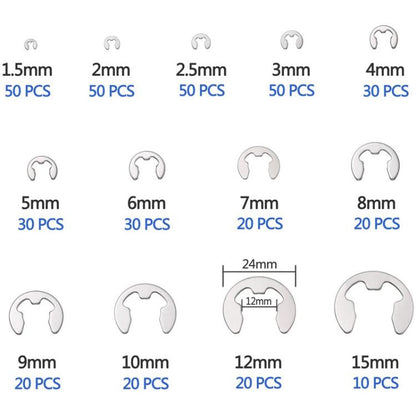 400pcs /Set 1.5-15mm Stainless Steel E-Type Open Circlips Boxed, 400pcs /Set