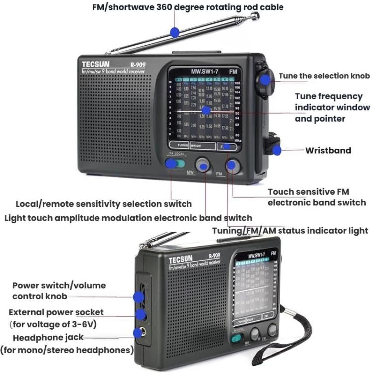 TECSUN R-909 AM FM SW 9-Band Pocket Mini Portable Radio