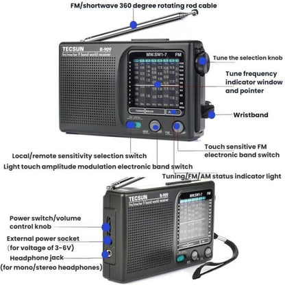 TECSUN R-909 AM FM SW 9-Band Pocket Mini Portable Radio