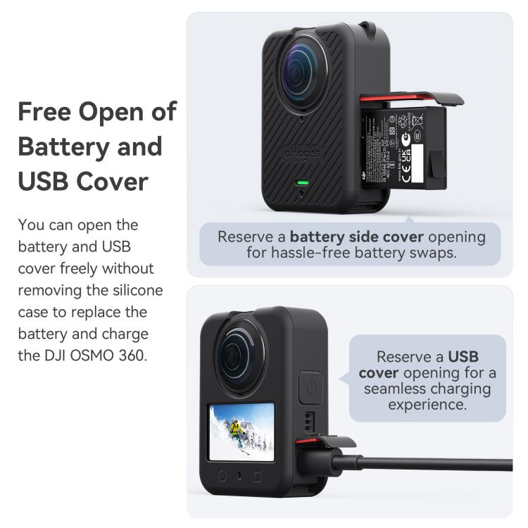 For DJI Osmo 360 Camera aMagisn Silicone Body Cover Set with Lens Cap & Neck Lanyard