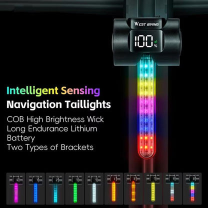 WEST BIKING Smart Sensor Bike Tail Light, 180-degree Wide Angle, IPX4 Waterproof, Dynamic LED Effects with Battery Display, Red Light, RGB Light