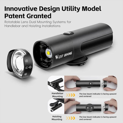WEST BIKING Bicycle High-Brightness Rechargeable Headlight With Power Reminder Rotatable Function, 400 Lumens, 600 Lumens, 800 Lumens