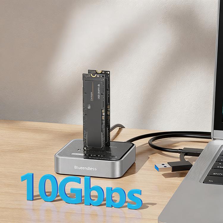 Blueendless SD08A M.2 NVMe SSD Docking Station Dual-Bay USB 3.2 Gen2 10Gbps External Drive Enclosure With One-Key Offline Clone Function, US Plug, EU Plug, UK Plug