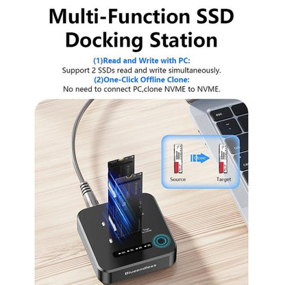 Blueendless SD08A M.2 NVMe SSD Docking Station Dual-Bay USB 3.2 Gen2 10Gbps External Drive Enclosure With One-Key Offline Clone Function, US Plug, EU Plug, UK Plug