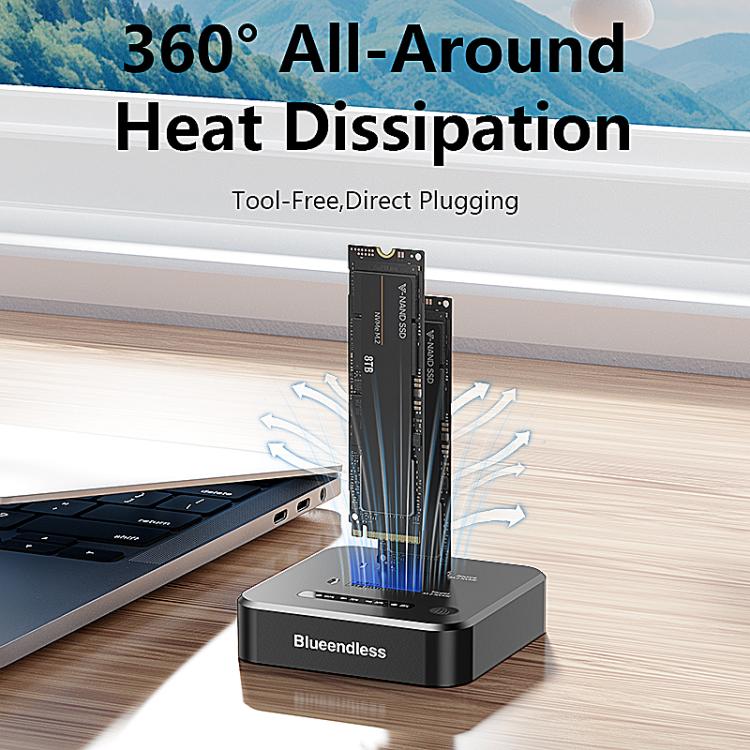 Blueendless SD08A M.2 NVMe SSD Docking Station Dual-Bay USB 3.2 Gen2 10Gbps External Drive Enclosure With One-Key Offline Clone Function, US Plug, EU Plug, UK Plug