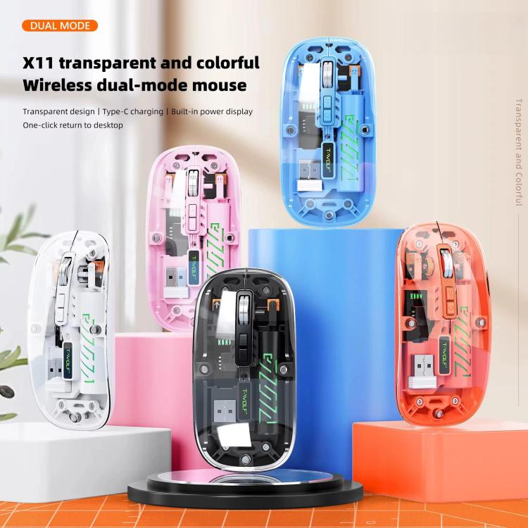 T-WOLF X11 Transparent Wireless Mouse Dual Mode 2.4G+Bluetooth, USB-C Rechargeable with Magnetic Cover