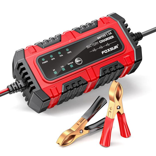 Chargeur de batterie intelligent FOXSUR 6V/12V 1.5A pour batteries au plomb-acide 4AH-30AH (moto/voiture/quad, prises UE, US et UK).
