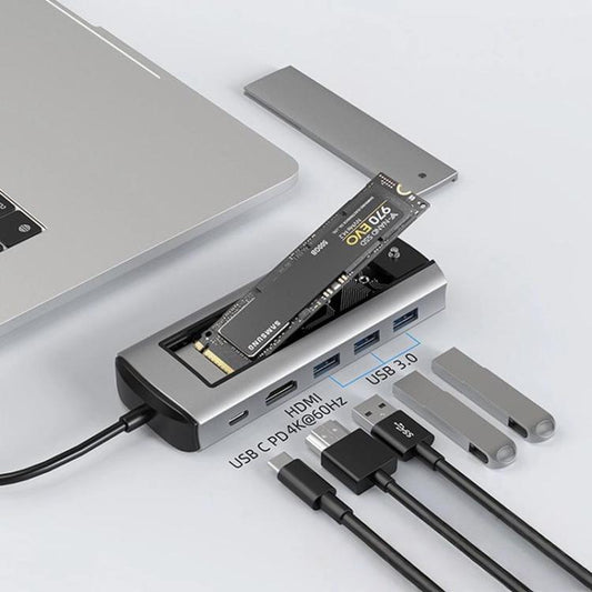 6-In-1 Type-C/USB-C To PD+HDMI (4K 30hz) +USB3.0 X 3+SATA/NVME SSD Docking Station