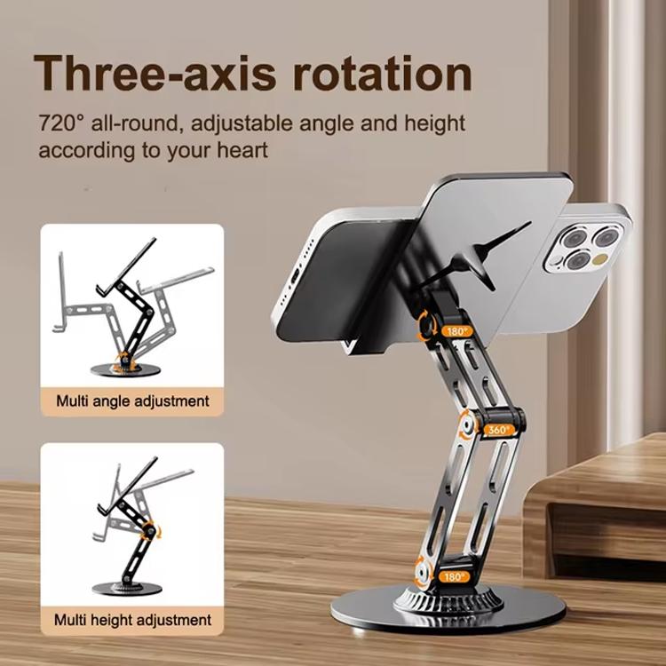 Dual-Fold Phone Tablet Stand Full Metal 360-degree Rotation Desktop Holder with 3-Axis Adjustable Arm