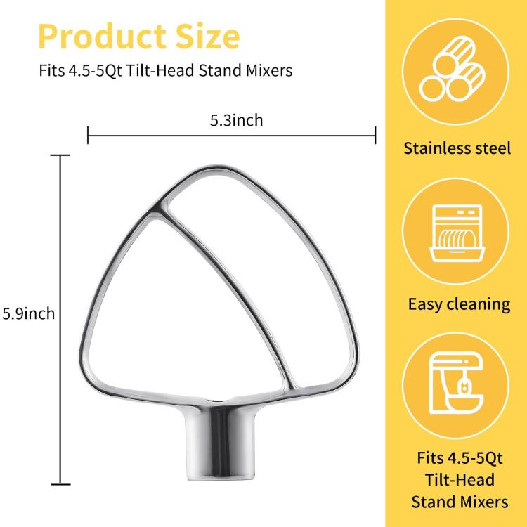 Stainless Steel Flat Beater For KitchenAid 4.5 & 5 QT Mixers - No Coating Chip-Resistant Attachment, Flat Beater