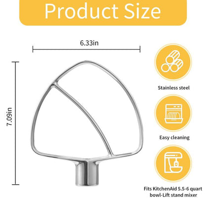 Batteur plat en acier inoxydable pour robots pâtissiers KitchenAid à bol relevable de 5,5 et 6 pintes, sans revêtement, accessoire de mélange durable, 5,5 et 6 pintes