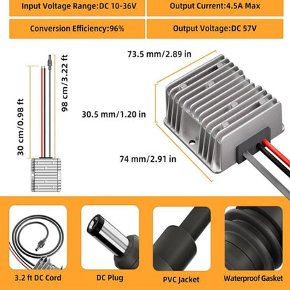 Power Converter Voltage Booster, 12V / 24V To 57V 4.5A With 1m DC Cable, 12V / 24V To 57V 4.5A With 1m DC Cable Clamp