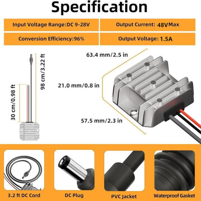 Power Converter Voltage Booster, 12V / 24V To 48V 1.5A With 1m DC Cable, 12V / 24V To 48V 1.5A With 1m DC Cable Clips