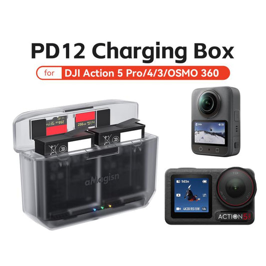 Estuche de carga y cargador de batería AMagisn PD12 para DJI Osmo 360/ Action 5 Pro / 4 / 3, PD12