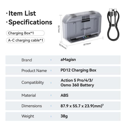 AMagisn PD12 Charging Case Battery Charger For DJI Osmo 360/ Action 5 Pro / 4 / 3, PD12