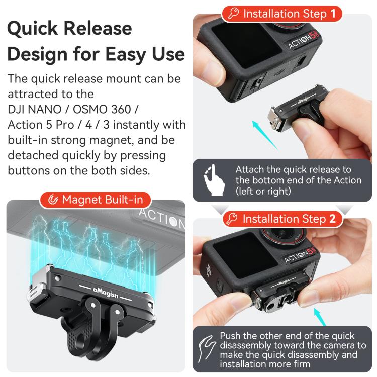 aMagisn TN11 Bidirectional Magnetic Quick Release Mount 2.0 For DJI Nano / Osmo 360 / Action 5 Pro / 4 / 3, TN11 Metal
