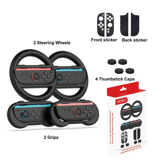 PGTECH 10-in-1 Zubehör-Bundle für Nintendo Switch – 2 Lenkräder, Griffe, Thumbstick-Kappen