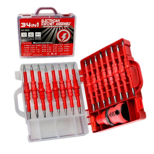 34 in 1 Manual Rubber-Coated Ratchet Screwdriver Repair Tool Set, 34 in 1