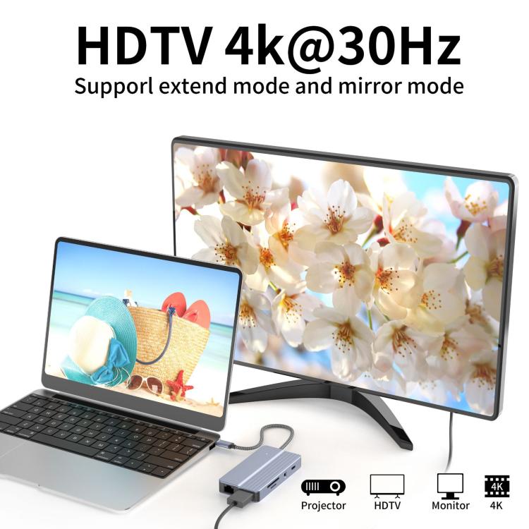 10-In-1 USB-C/Type-C Hub With 100W Power Delivery, HDMI 4K 30Hz, USB 3.0/2.0 Ports, SD/TF Card Reader, 100Mbps Ethernet & Audio Jack