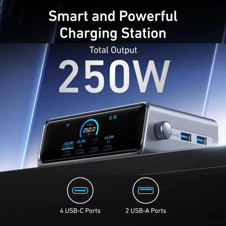 ANKER Prime Gallium Nitride 250W Fast Charger 4 Type-C+2 USB 6-port Desktop Smart Display Charging Station, US Plug, A2345