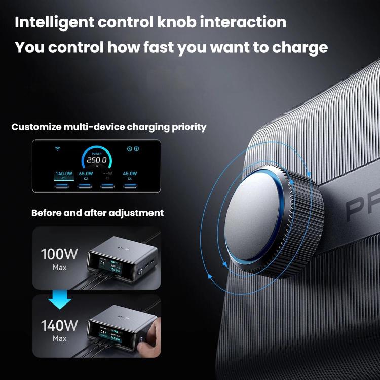 ANKER Prime Gallium Nitride 250W Fast Charger 4 Type-C+2 USB 6-port Desktop Smart Display Charging Station, US Plug, A2345