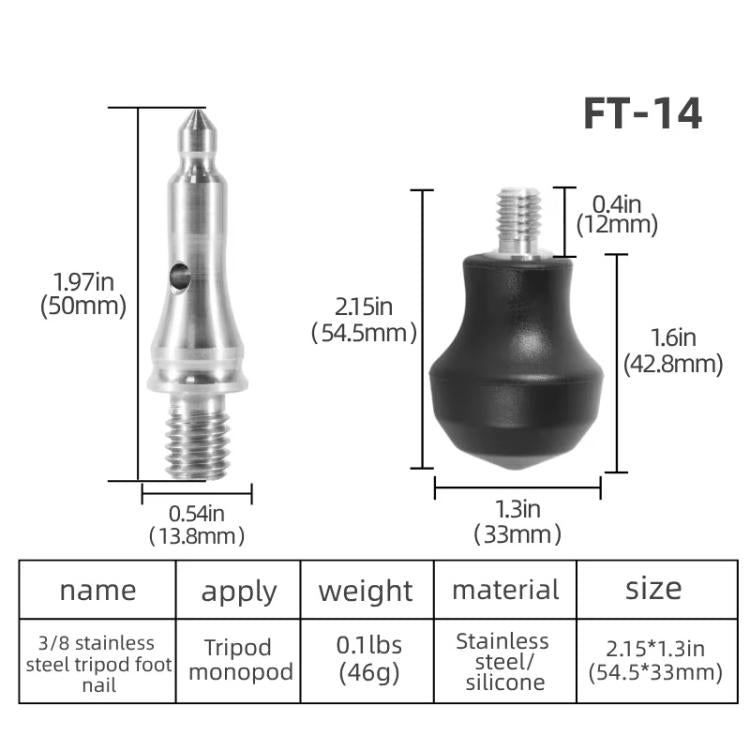 3/8 inch Tripod Monopod Dual Purpose Foot Pad Spike Rubber Anti-slip Stainless Steel Spike
