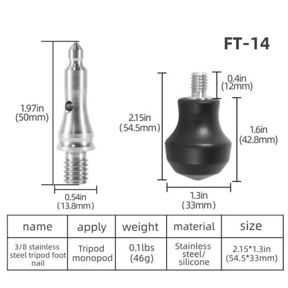 3/8 inch Tripod Monopod Dual Purpose Foot Pad Spike Rubber Anti-slip Stainless Steel Spike