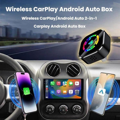 Q1A 2 In 1 Wireless Carplay/AndroidAuto Box Smart Portable In-Car Connectivity Box, Black Color Label, Black White Lable, Silver White Lable, Black Chromatic Car Badge, Silver Chromatic Car Badge, Gold Label Dual-Pocket Translator, Silver Color Lable