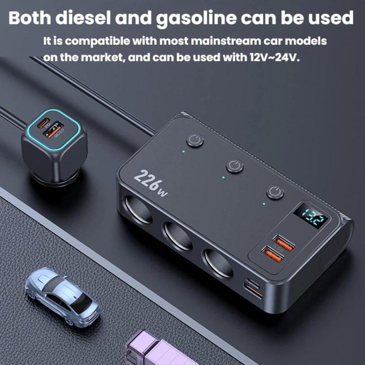 226W 3 In 1 Car Cigarette Lighter Digital Display PD Fast-Charging Car Charger