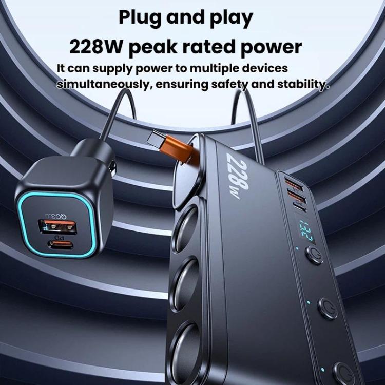 228W Car Cigarette Lighter Retractable Cable 3 In 1 Fast-Charging Car Charger With Independent Switches