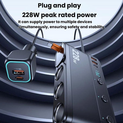 228W Car Cigarette Lighter Retractable Cable 3 In 1 Fast-Charging Car Charger With Independent Switches