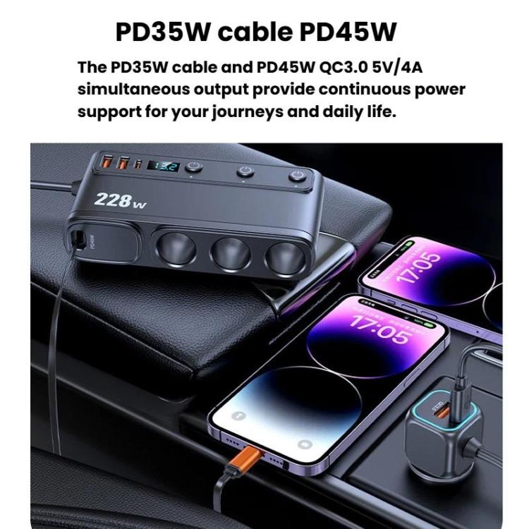 228W Car Cigarette Lighter Retractable Cable 3 In 1 Fast-Charging Car Charger With Independent Switches