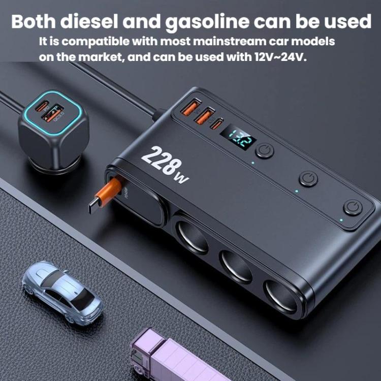 228W Car Cigarette Lighter Retractable Cable 3 In 1 Fast-Charging Car Charger With Independent Switches