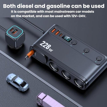 228W Car Cigarette Lighter Retractable Cable 3 In 1 Fast-Charging Car Charger With Independent Switches