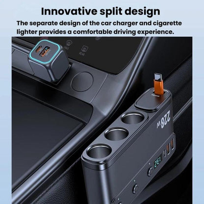 228W Car Cigarette Lighter Retractable Cable 3 In 1 Fast-Charging Car Charger With Independent Switches